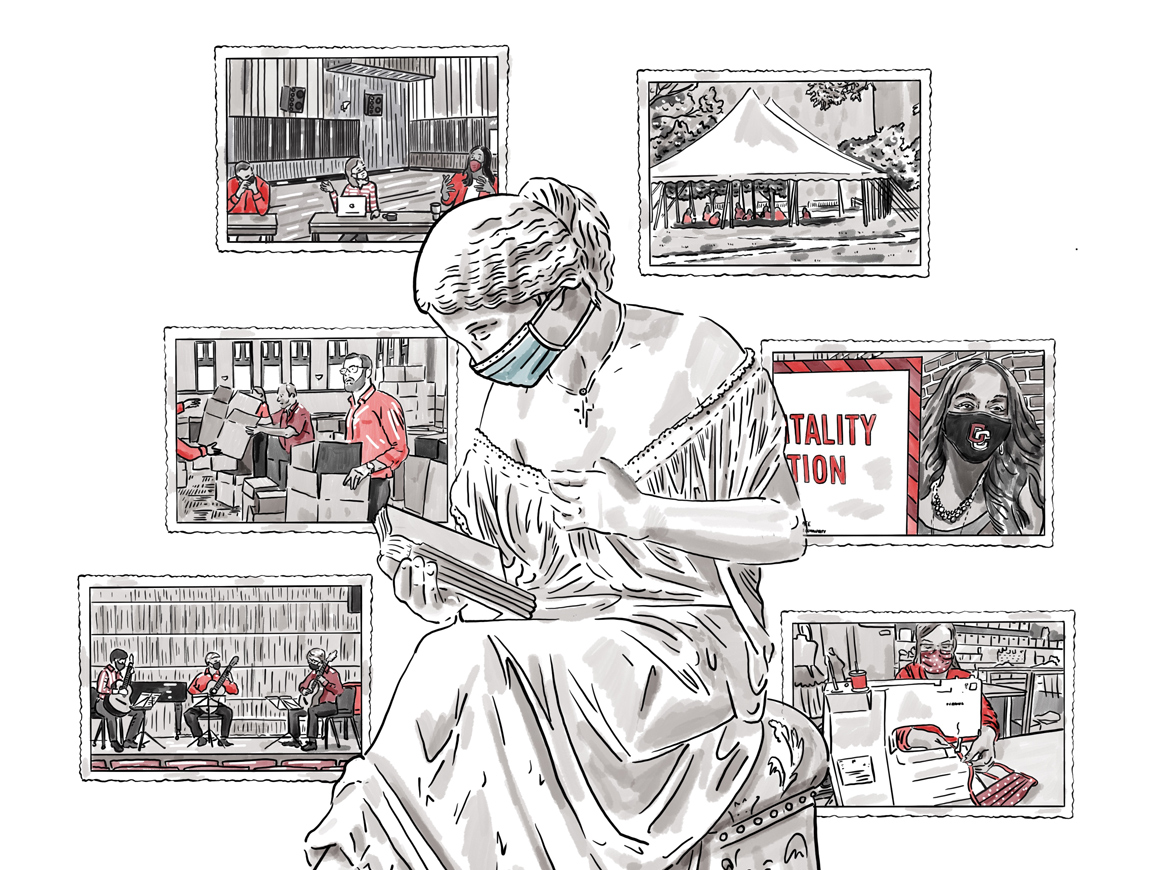 Illustration of Oberlin's iconic Reading Girl statue wearing a covid mask.